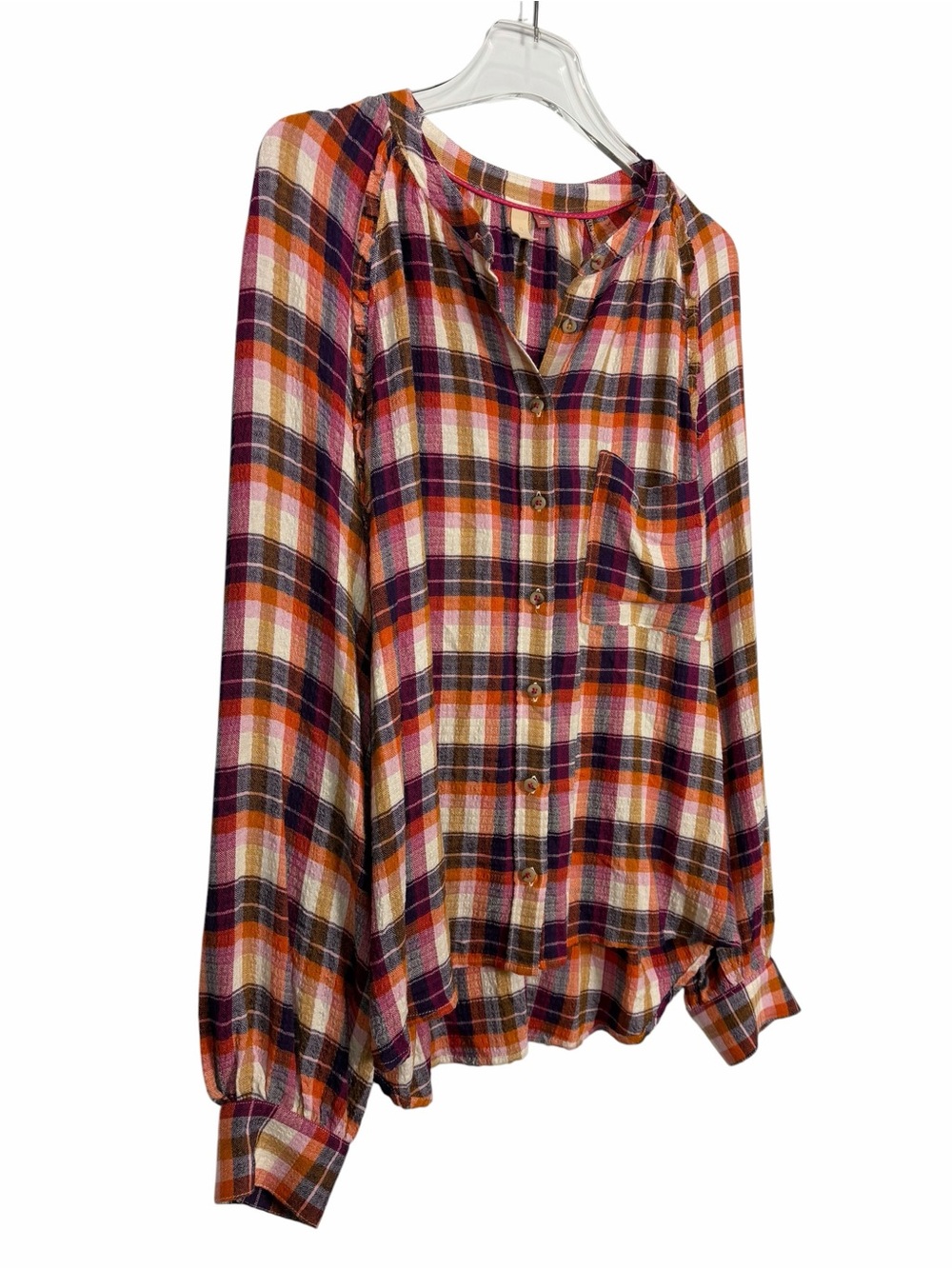 Anthropologie Pilcro Breezy Plaid Button Up Blouse Top Purple Orange Size XL - Picture 6 of 12